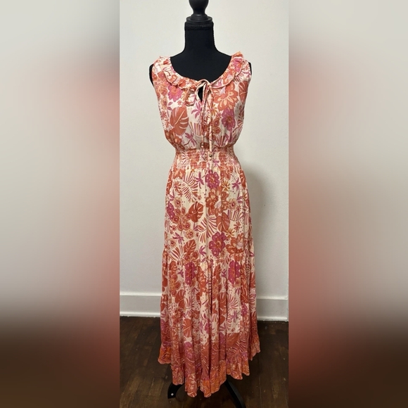Dresses & Skirts - Floral Ruffled Tie-Neck Maxi Dress - Pink & Orange